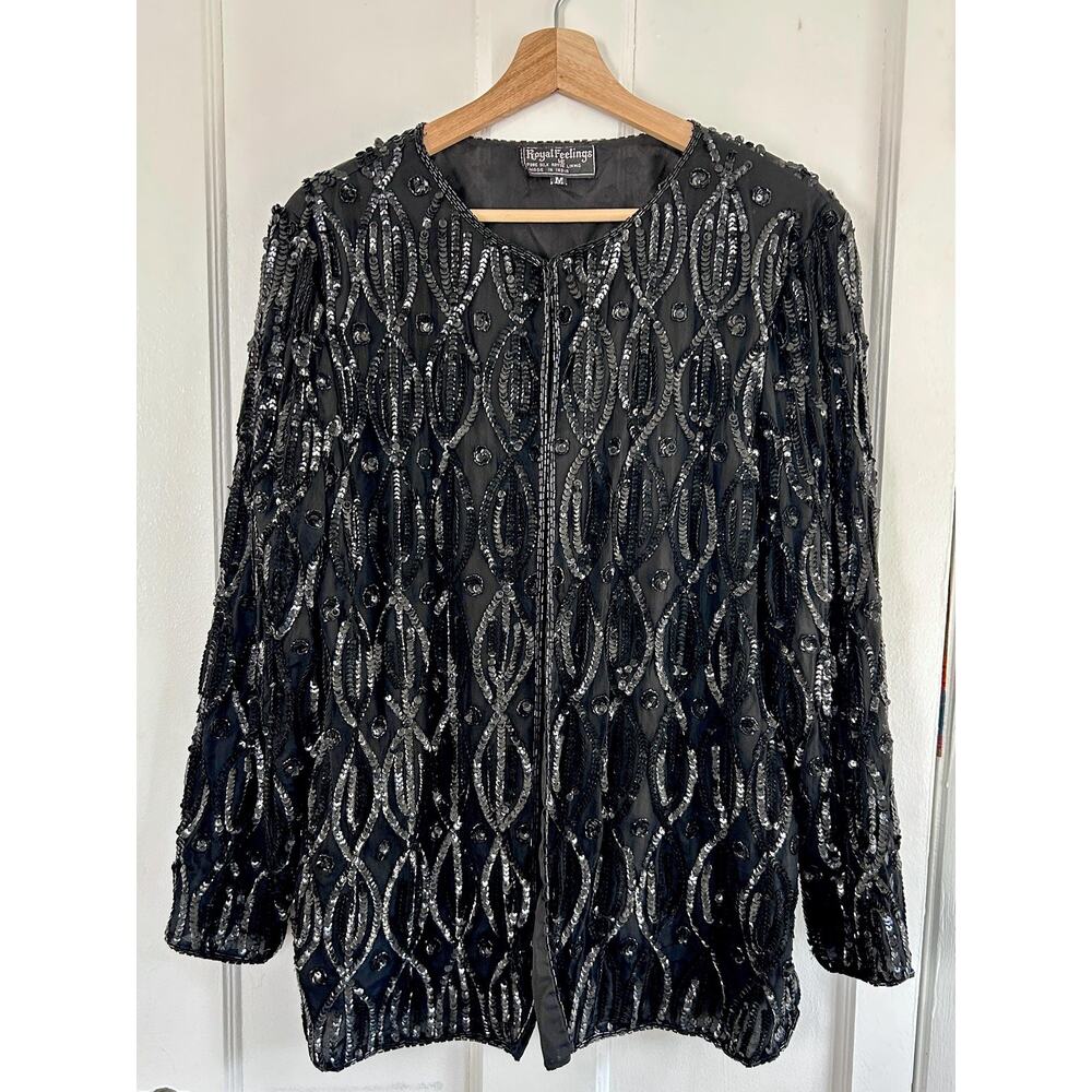 Vintage 90s Sequin Silk Blazer Women’s M | Black Sparkly Evening Jacket